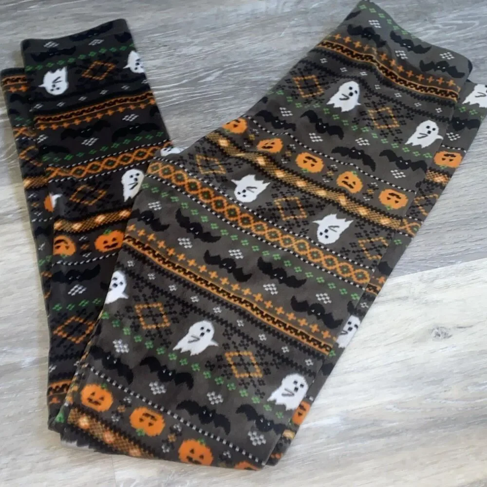 Halloween Leggings Medium 7/9 Ghosts Bats Fair Isle Print Black Gray Orange Gree